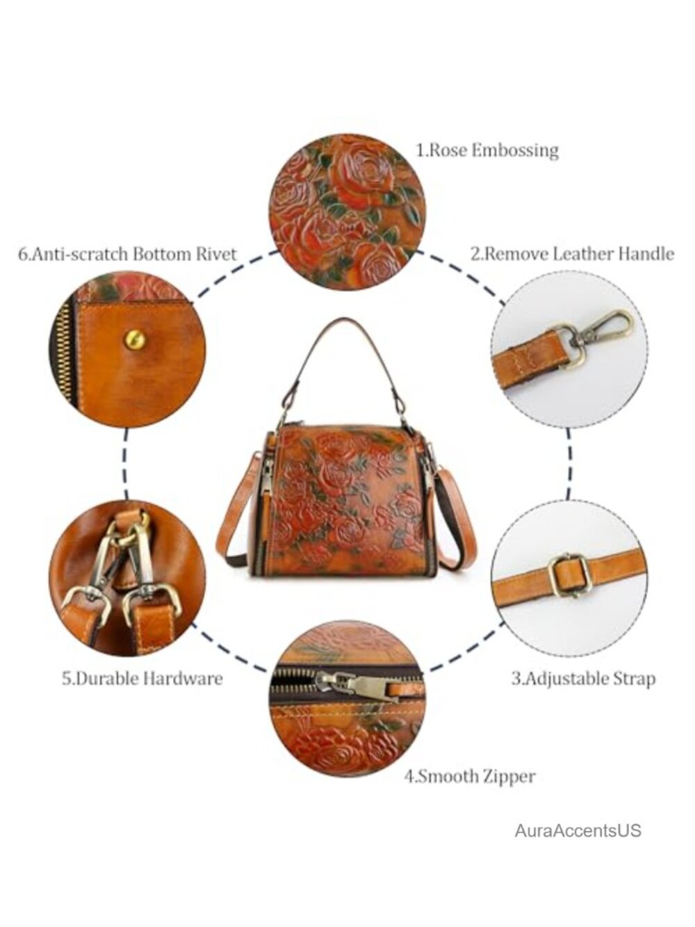 Genuine Leather Satchel Vintage Embossing Shoulder Crossbody Bag - Picture 3 of 6
